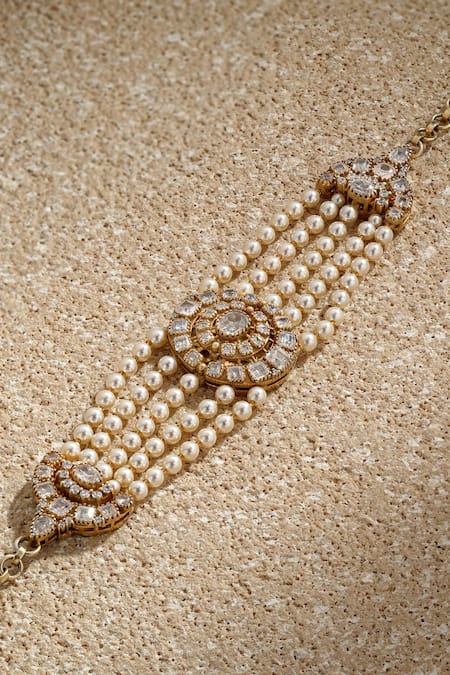 Tarun Tahiliani Gold Plated Pearls, Diamonds Oval Centric Embellished Bracelet Online at Aza Fashions Tarun Tahiliani_Gold Plated Pearls, Diamonds Oval Centric Embellished Bracelet _Online_at_Aza_Fashions