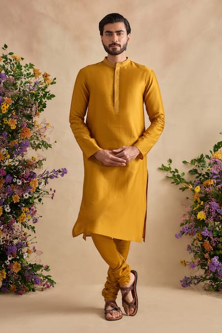 Shop Kalista Yellow Chanderi Silk Embroidery, Tassels Aarush Plain Kurta And Churidar Set Online at Aza Fashions Shop_Kalista_Yellow Chanderi Silk Embroidery, Tassels Aarush Plain Kurta And Churidar Set _Online_at_Aza_Fashions