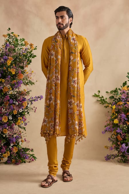 Kalista Yellow Chanderi Silk Embroidery, Tassels Aarush Plain Kurta And Churidar Set at Aza Fashions Kalista_Yellow Chanderi Silk Embroidery, Tassels Aarush Plain Kurta And Churidar Set _at_Aza_Fashions