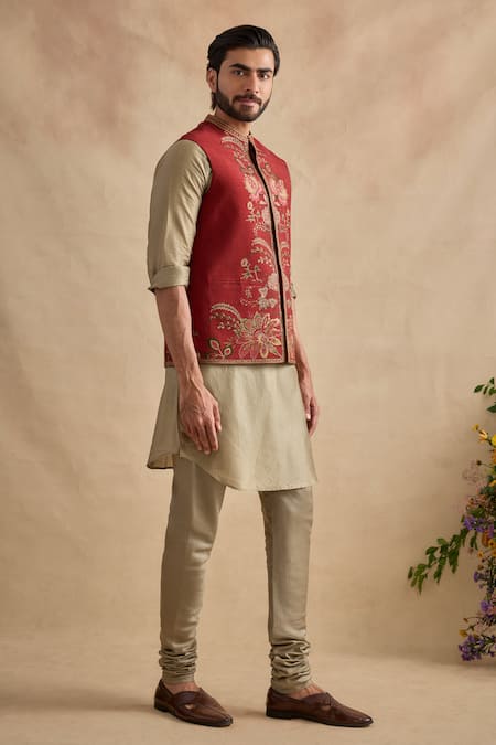 Buy Kalista Olive Green Viscose, Silk, Chanderi Embroidery Ishvik Bundi Kurta Set Online at Aza Fashions Buy_Kalista_Olive Green Viscose, Silk, Chanderi Embroidery Ishvik Bundi Kurta Set _Online_at_Aza_Fashions