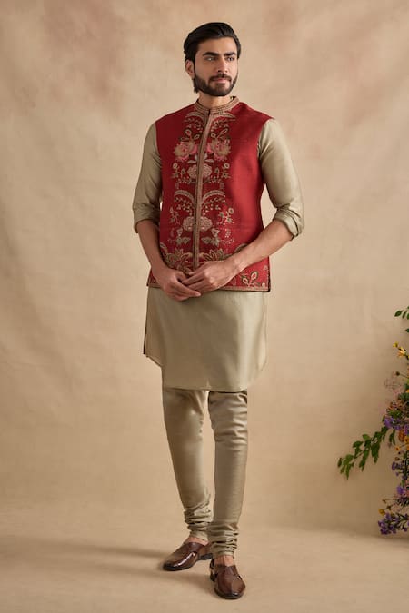 Shop Kalista Olive Green Viscose, Silk, Chanderi Embroidery Ishvik Bundi Kurta Set Online at Aza Fashions Shop_Kalista_Olive Green Viscose, Silk, Chanderi Embroidery Ishvik Bundi Kurta Set _Online_at_Aza_Fashions