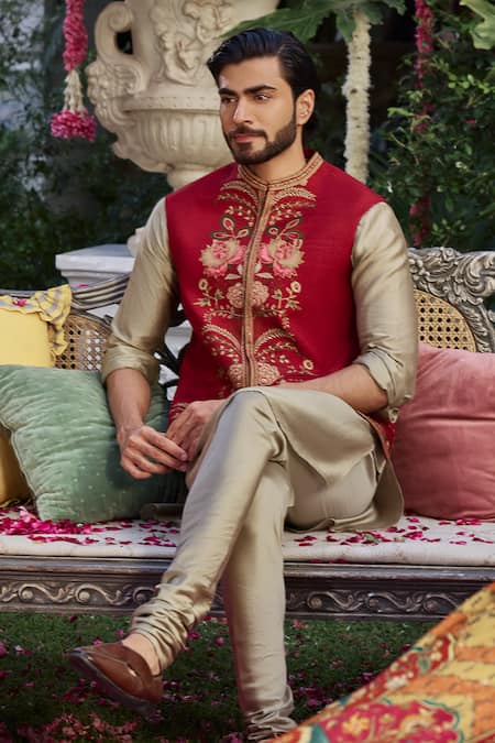 Kalista Olive Green Viscose, Silk, Chanderi Embroidery Ishvik Bundi Kurta Set at Aza Fashions Kalista_Olive Green Viscose, Silk, Chanderi Embroidery Ishvik Bundi Kurta Set _at_Aza_Fashions