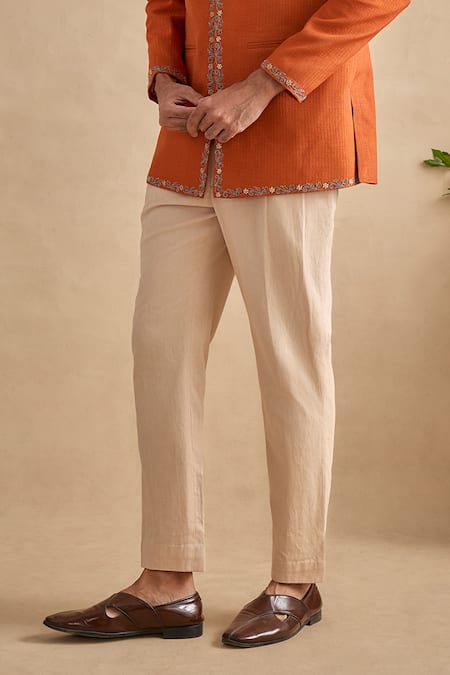 Kalista Orange Viscose, Silk, Twill Embroidery, Metallic Zunaid Bandhgala With Pant Online at Aza Fashions Kalista_Orange Viscose, Silk, Twill Embroidery, Metallic Zunaid Bandhgala With Pant _Online_at_Aza_Fashions
