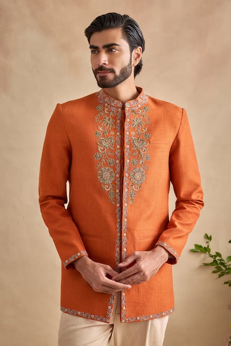 Buy Kalista Orange Viscose, Silk, Twill Embroidery, Metallic Zunaid Bandhgala With Pant Online at Aza Fashions Buy_Kalista_Orange Viscose, Silk, Twill Embroidery, Metallic Zunaid Bandhgala With Pant _Online_at_Aza_Fashions