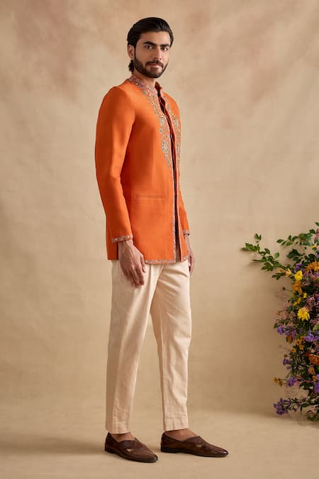 Shop Kalista Orange Viscose, Silk, Twill Embroidery, Metallic Zunaid Bandhgala With Pant Online at Aza Fashions Shop_Kalista_Orange Viscose, Silk, Twill Embroidery, Metallic Zunaid Bandhgala With Pant _Online_at_Aza_Fashions