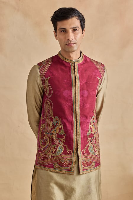 Kalista Fuchsia Viscose, Silk, Chanderi Embroidery, Saransh Paisley Bundi Kurta Set Online at Aza Fashions Kalista_Fuchsia Viscose, Silk, Chanderi Embroidery, Saransh Paisley Bundi Kurta Set _Online_at_Aza_Fashions