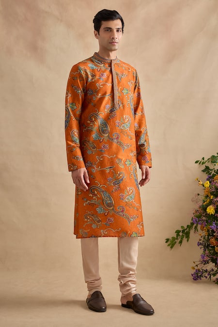 Kalista_Orange Chanderi Embroidery Adhyan Floral Pattern Kurta Set _Online_at_Aza_Fashions