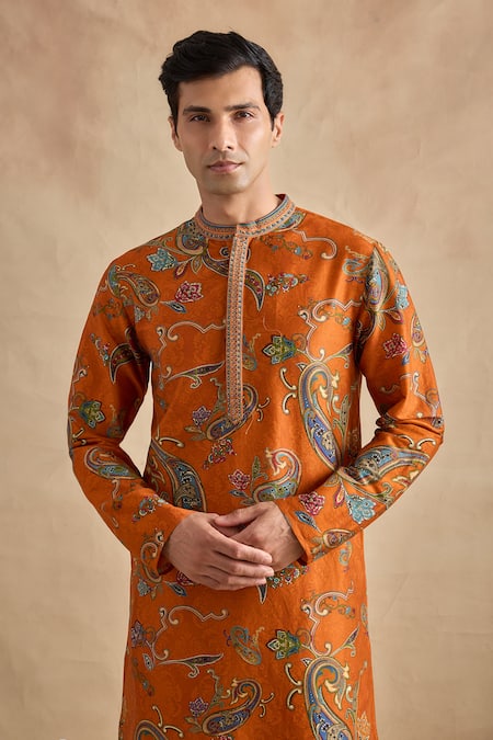 Shop_Kalista_Orange Chanderi Embroidery Adhyan Floral Pattern Kurta Set _Online_at_Aza_Fashions
