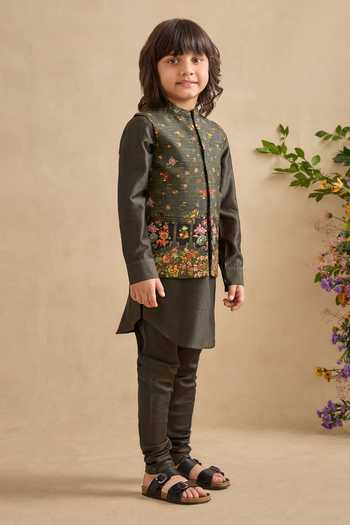 Kalista_Olive Green Viscose, Silk, Chanderi Reyhan Floral Print Bundi Kurta Set _Online_at_Aza_Fashions