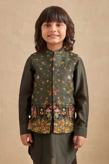 Buy_Kalista_Olive Green Viscose, Silk, Chanderi Reyhan Floral Print Bundi Kurta Set _Online_at_Aza_Fashions