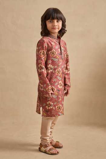 Buy_Kalista_Brown Chanderi Embroidery Zian Floral Print Kurta Set _Online_at_Aza_Fashions