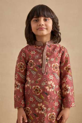 Shop_Kalista_Brown Chanderi Embroidery Zian Floral Print Kurta Set _Online_at_Aza_Fashions