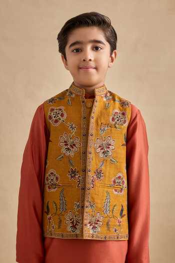 Shop_Kalista_Gold Chanderi Embroidery Ravik Floral Bundi Kurta Set _Online_at_Aza_Fashions