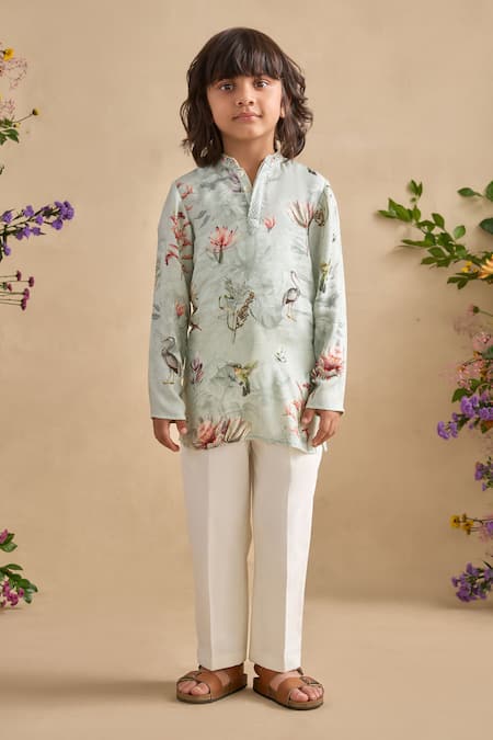 Shop_Kalista_Gray Viscose Nasir Printed Kurta Set _Online_at_Aza_Fashions