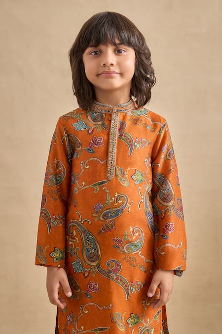 Kalista_Orange Chanderi Adhyan Paisley Print Kurta And Churidar Set _Online_at_Aza_Fashions