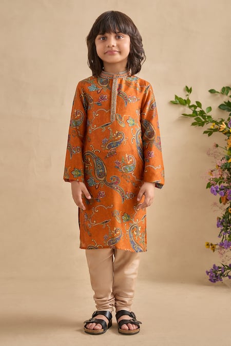 Shop_Kalista_Orange Chanderi Adhyan Paisley Print Kurta And Churidar Set _Online_at_Aza_Fashions