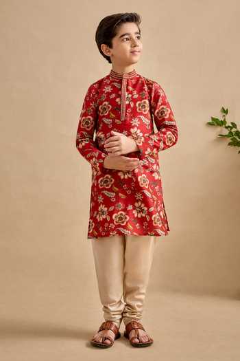 Kalista Red Chanderi Embroidery Zian Floral Print Kurta And Churidar Set Online at Aza Fashions Kalista_Red Chanderi Embroidery Zian Floral Print Kurta And Churidar Set _Online_at_Aza_Fashions