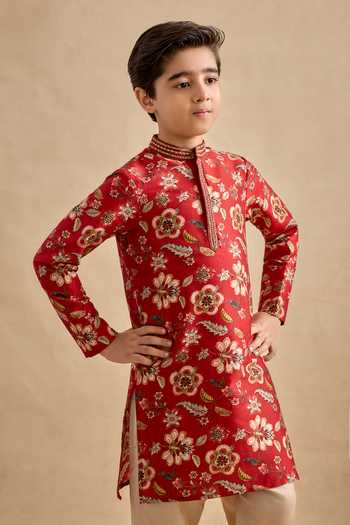 Shop Kalista Red Chanderi Embroidery Zian Floral Print Kurta And Churidar Set Online at Aza Fashions Shop_Kalista_Red Chanderi Embroidery Zian Floral Print Kurta And Churidar Set _Online_at_Aza_Fashions