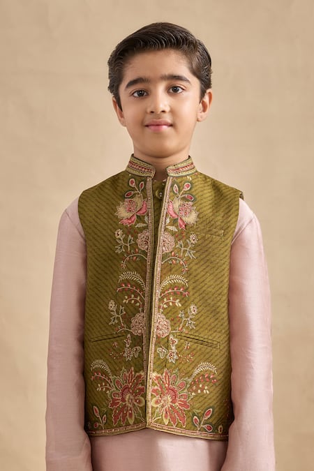 Shop Kalista Beige Chanderi Embroidery Ishvik Bundi Kurta Set Online at Aza Fashions Shop_Kalista_Beige Chanderi Embroidery Ishvik Bundi Kurta Set _Online_at_Aza_Fashions