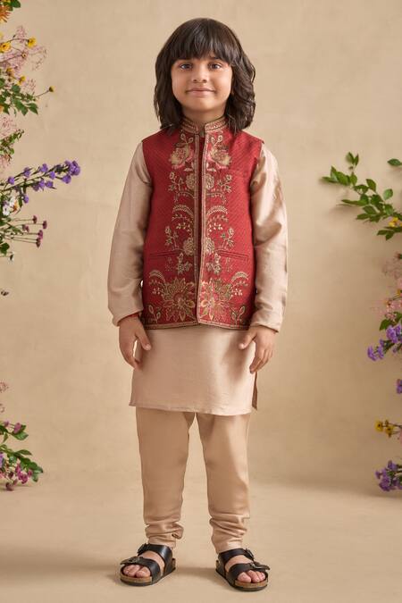 Shop Kalista Beige Chanderi Embroidery Ishvik Bundi Kurta Set Online at Aza Fashions Shop_Kalista_Beige Chanderi Embroidery Ishvik Bundi Kurta Set _Online_at_Aza_Fashions