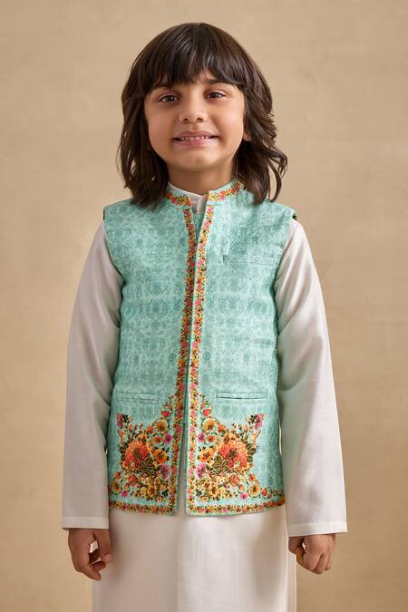 Kalista_Ivory Chanderi, Viscose, Silk Embroidery Tahir Printed Bundi Kurta Set _Online_at_Aza_Fashions