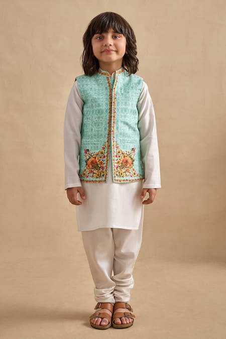 Buy_Kalista_Ivory Chanderi, Viscose, Silk Embroidery Tahir Printed Bundi Kurta Set _Online_at_Aza_Fashions