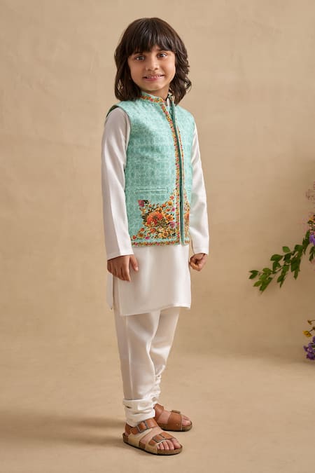 Shop_Kalista_Ivory Chanderi, Viscose, Silk Embroidery Tahir Printed Bundi Kurta Set _Online_at_Aza_Fashions