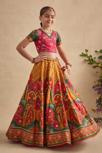 Kalista Pink Viscose, Silk, Tulle Embroidery, Sequins Sandhaya Floral Print Lehenga Set Online at Aza Fashions Kalista_Pink Viscose, Silk, Tulle Embroidery, Sequins Sandhaya Floral Print Lehenga Set _Online_at_Aza_Fashions