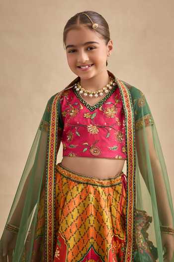 Shop Kalista Pink Viscose, Silk, Tulle Embroidery, Sequins Sandhaya Floral Print Lehenga Set Online at Aza Fashions Shop_Kalista_Pink Viscose, Silk, Tulle Embroidery, Sequins Sandhaya Floral Print Lehenga Set _Online_at_Aza_Fashions