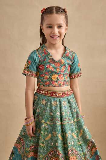 Shop_Kalista_Teal Viscose, Silk, Tulle Embroidery, Zari Zareen Floral Lehenga Set _Online_at_Aza_Fashions