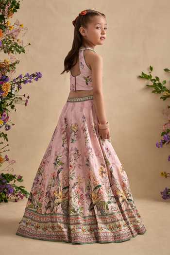Shop Kalista Pink Viscose, Silk Sequins, Stones, Neisha Floral Printed Blouse And Lehenga Set Online at Aza Fashions Shop_Kalista_Pink Viscose, Silk Sequins, Stones, Neisha Floral Printed Blouse And Lehenga Set _Online_at_Aza_Fashions