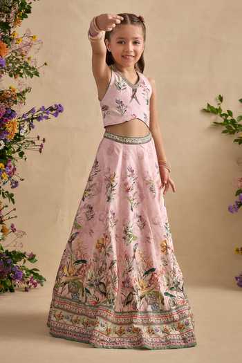 Kalista Pink Viscose, Silk Sequins, Stones, Neisha Floral Printed Blouse And Lehenga Set at Aza Fashions Kalista_Pink Viscose, Silk Sequins, Stones, Neisha Floral Printed Blouse And Lehenga Set _at_Aza_Fashions