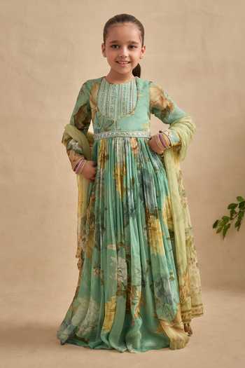 Kalista Aqua Viscose Georgette Embroidery Tarini Floral Print Anarkali With Dupatta Online at Aza Fashions Kalista_Aqua Viscose Georgette Embroidery Tarini Floral Print Anarkali With Dupatta _Online_at_Aza_Fashions