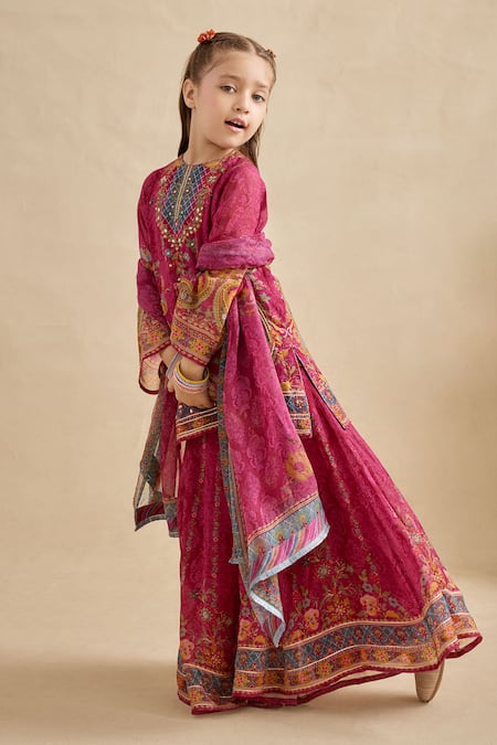 Kalista Fuchsia Viscose Georgette Embroidery, Sequins, Maahi Printed Kurta Sharara Set Online at Aza Fashions Kalista_Fuchsia Viscose Georgette Embroidery, Sequins, Maahi Printed Kurta Sharara Set _Online_at_Aza_Fashions