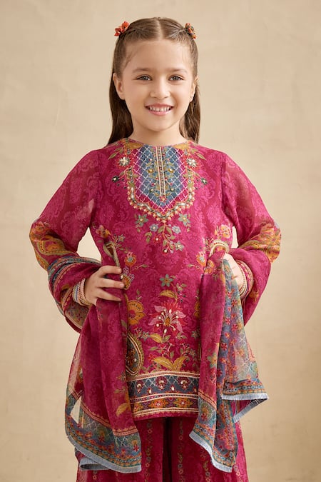 Shop Kalista Fuchsia Viscose Georgette Embroidery, Sequins, Maahi Printed Kurta Sharara Set Online at Aza Fashions Shop_Kalista_Fuchsia Viscose Georgette Embroidery, Sequins, Maahi Printed Kurta Sharara Set _Online_at_Aza_Fashions