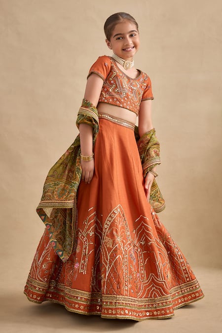 Shop_Kalista_Orange Silk, Viscose Georgette Embroidery, Sequins, Beads, Yamika Lehenga Set _Online_at_Aza_Fashions