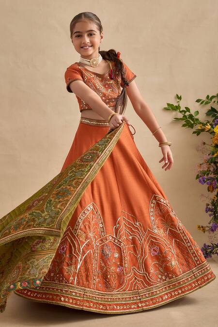 Buy_Kalista_Orange Silk, Viscose Georgette Embroidery, Sequins, Beads, Yamika Lehenga Set 
