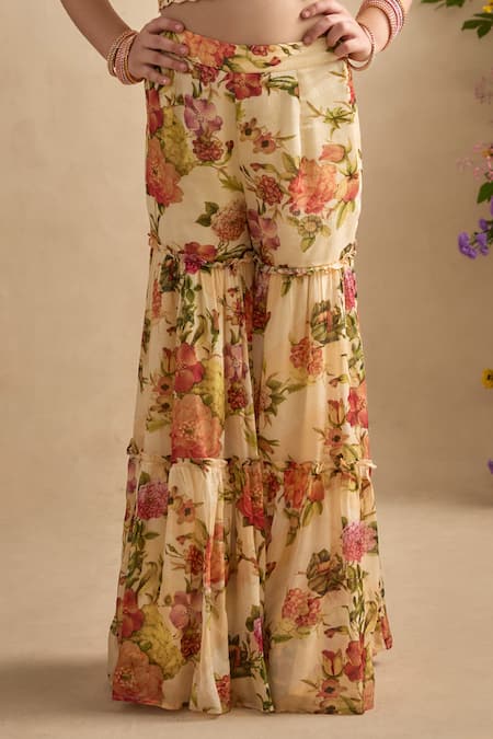 Kalista_Cream , Chinon, Naira Ruffled Cape And Printed Sharara Set _Online_at_Aza_Fashions