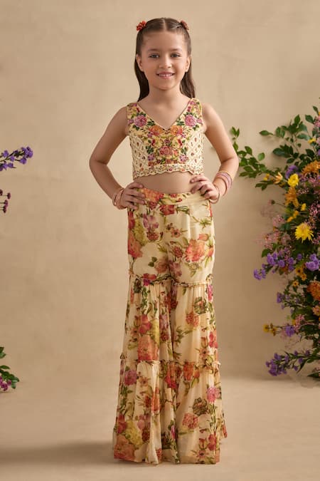 Buy_Kalista_Cream , Chinon, Naira Ruffled Cape And Printed Sharara Set _Online_at_Aza_Fashions