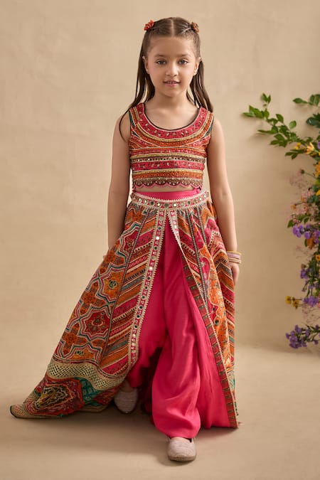 Kalista_Orange Viscose, Silk Mirrors, Embroidery Gulnaar Printed Lehenga Blouse Set _Online_at_Aza_Fashions