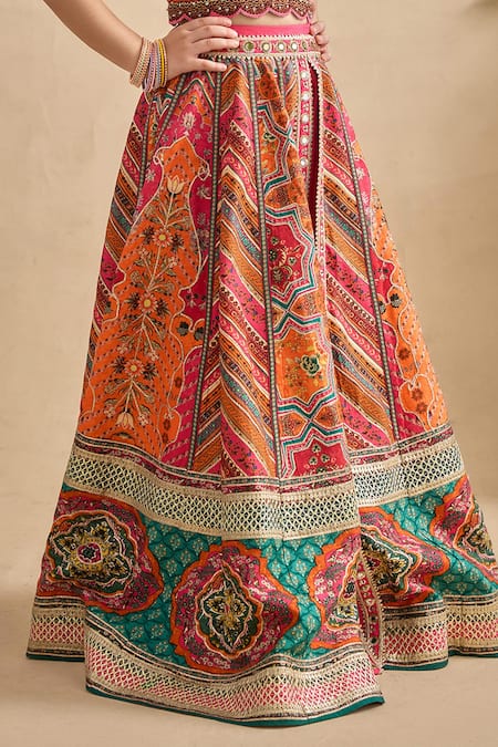 Buy_Kalista_Orange Viscose, Silk Mirrors, Embroidery Gulnaar Printed Lehenga Blouse Set _Online_at_Aza_Fashions