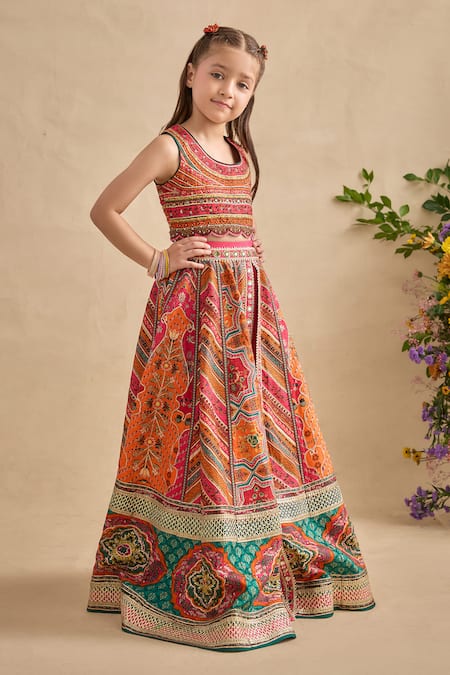 Shop_Kalista_Orange Viscose, Silk Mirrors, Embroidery Gulnaar Printed Lehenga Blouse Set _Online_at_Aza_Fashions