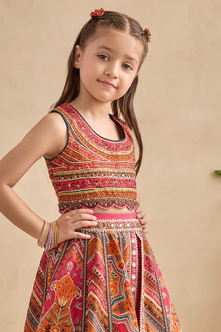 Kalista_Orange Viscose, Silk Mirrors, Embroidery Gulnaar Printed Lehenga Blouse Set _at_Aza_Fashions