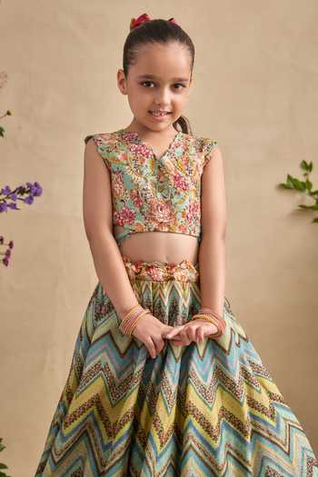 Kalista_Green Viscose, Silk, Net Embroidery, Pavika Floral And Chevron Print Lehenga Set _Online_at_Aza_Fashions