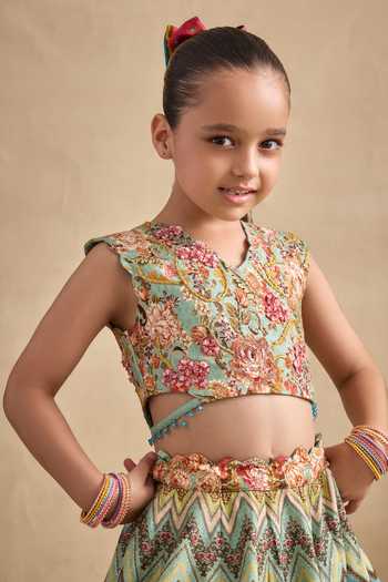 Buy_Kalista_Green Viscose, Silk, Net Embroidery, Pavika Floral And Chevron Print Lehenga Set _Online_at_Aza_Fashions
