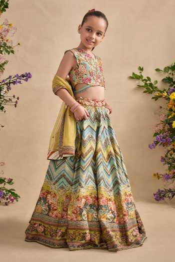 Shop_Kalista_Green Viscose, Silk, Net Embroidery, Pavika Floral And Chevron Print Lehenga Set _Online_at_Aza_Fashions
