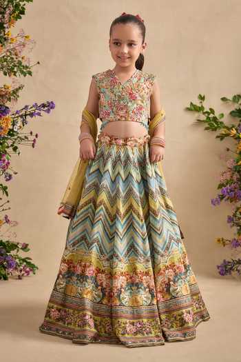 Kalista_Green Viscose, Silk, Net Embroidery, Pavika Floral And Chevron Print Lehenga Set _at_Aza_Fashions