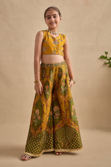 Buy_Kalista_Mustard Viscose, Silk Embroidery, Sequins Urja Blouse Sharara Set _Online_at_Aza_Fashions