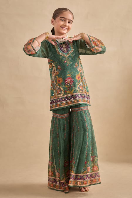 Kalista_Green Viscose Georgette Embroidery, Beads, Maahi Printed Kurta Gharara Set _Online_at_Aza_Fashions