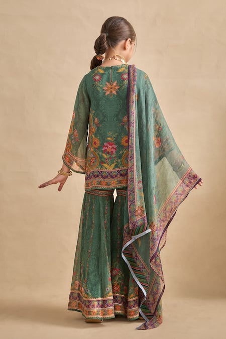 Buy_Kalista_Green Viscose Georgette Embroidery, Beads, Maahi Printed Kurta Gharara Set _Online_at_Aza_Fashions